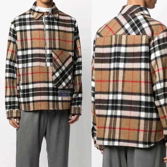 We11done Oversized Half-Zip Front Check British Wool Shirt Jacket Camel One Size - Picture 3 of 16